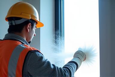 Team member aggressively cleaning construction dust off windows