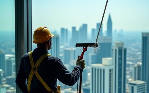 Professional window cleaner using a squeegee on a large glass window